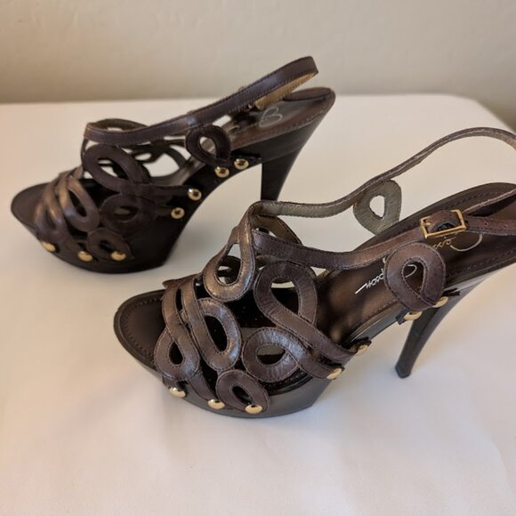Jessica Simpson Brown Leather & Wooden Cutout Heels Sz 7 - Picture 3 of 6
